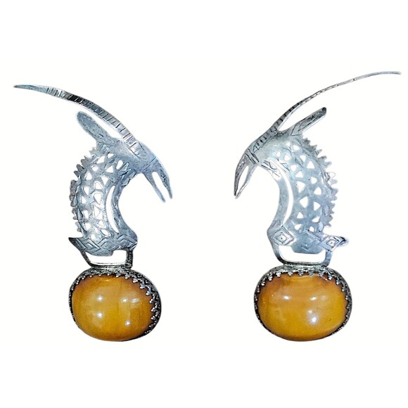 Butterscotch Amber Vintage Earrings 925 Sterling Silver Antelope Ibex Animal - Picture 4 of 6
